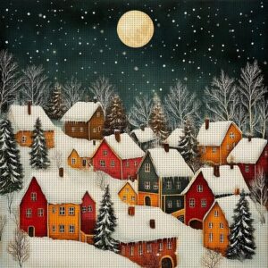Snowy Night Embroidery Set with Moon and Houses