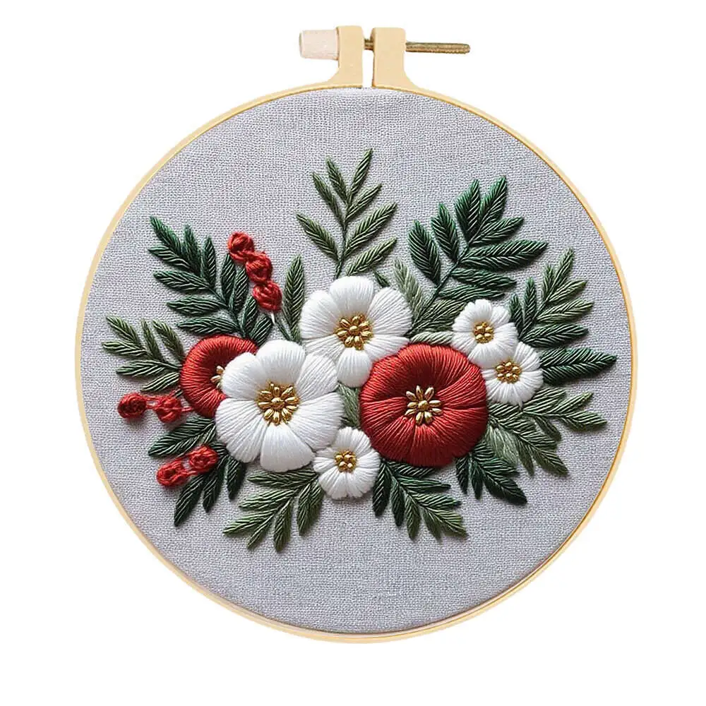 Simple Floral Embroidery Kit with Hoop