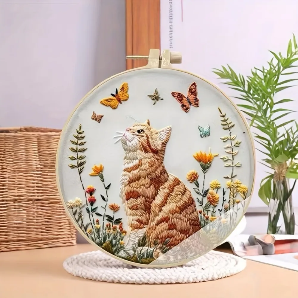 Cat and Flower Embroidery Kit for Beginners