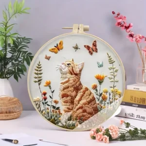 Cat and Flower Embroidery Kit for Beginners