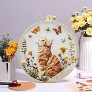 Cat and Flower Embroidery Kit for Beginners