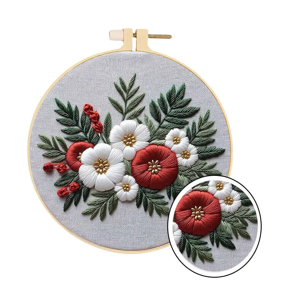 Simple Floral Embroidery Kit with Hoop