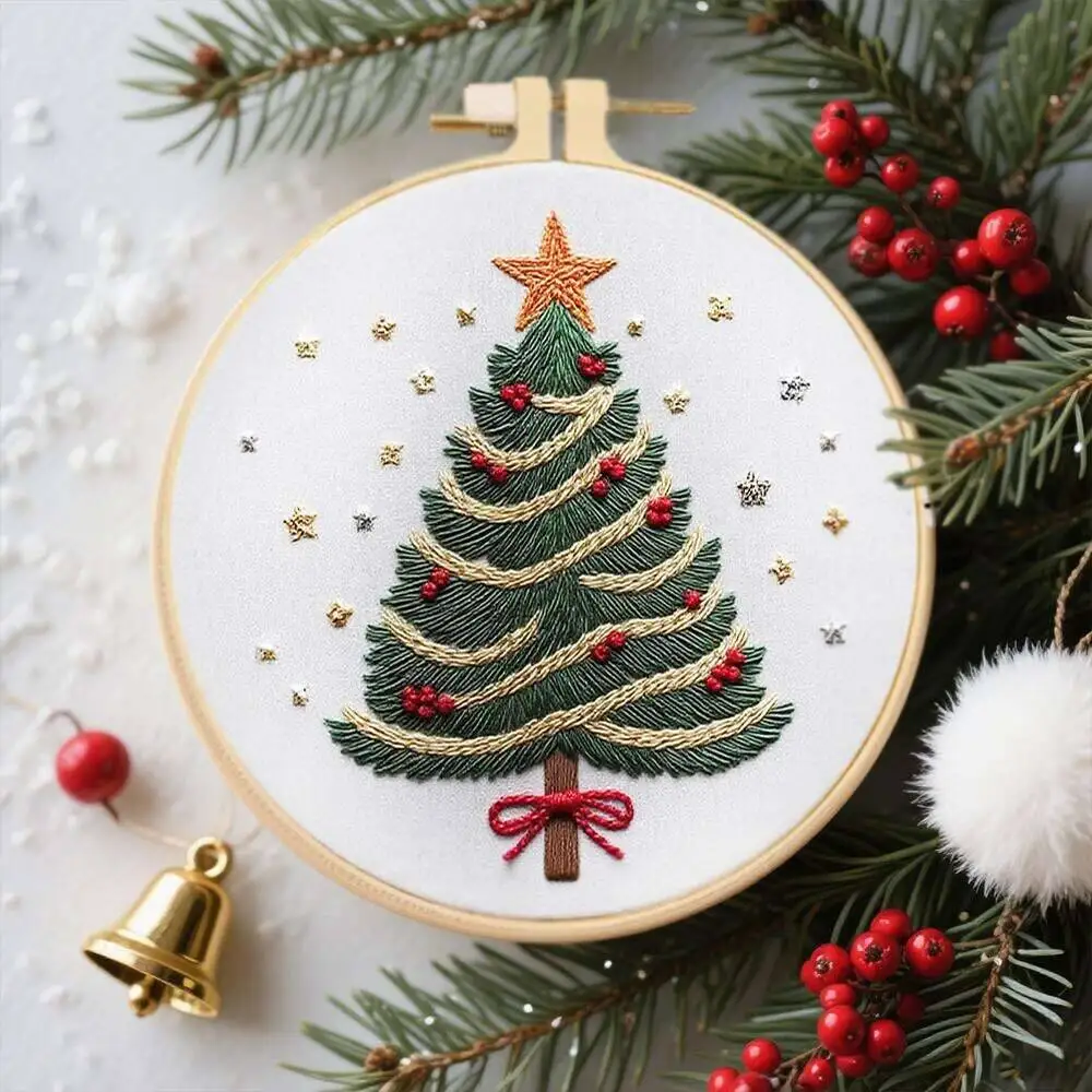 Floral Tree Christmas Embroidery Kit with Hoop