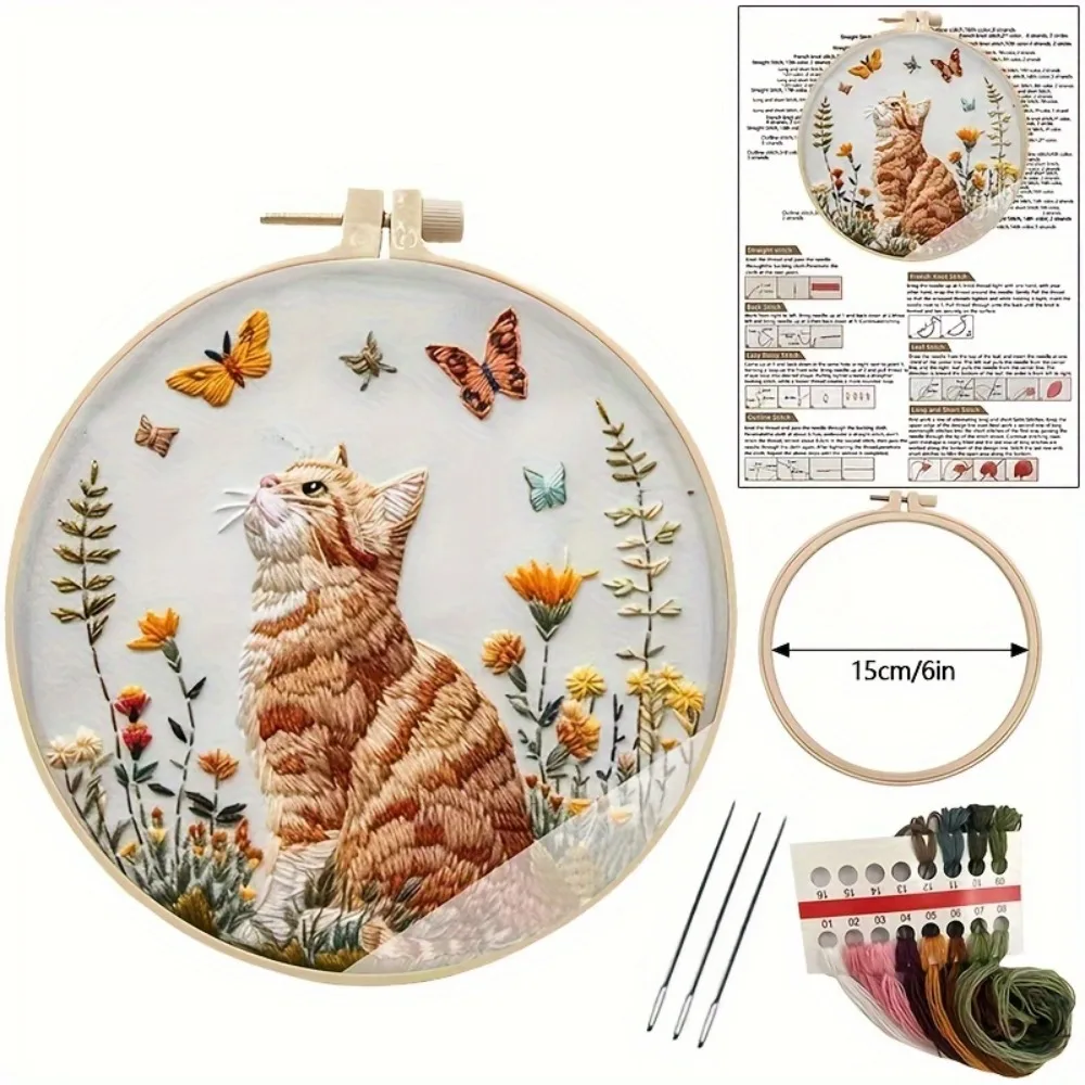 Cat and Flower Embroidery Kit for Beginners