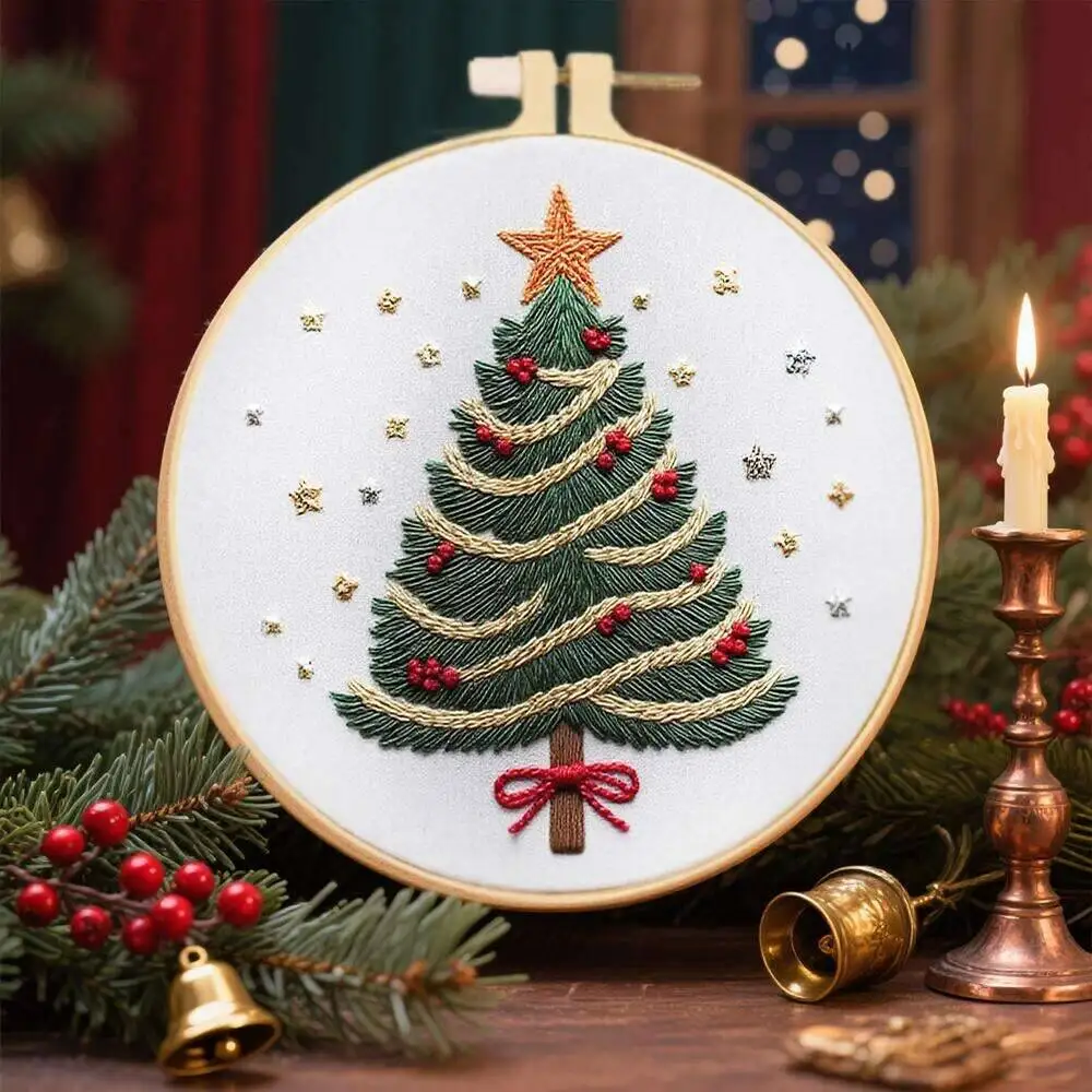 Floral Tree Christmas Embroidery Kit with Hoop