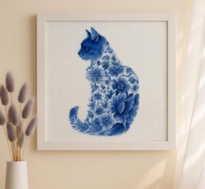 Blue & White Flower Cat Embroidery Kit