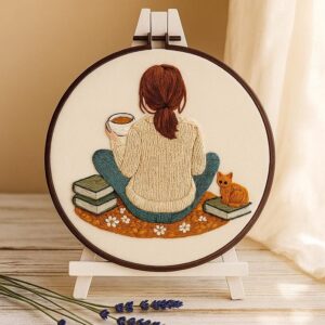 Girl with Cat & Books Embroidery Kit