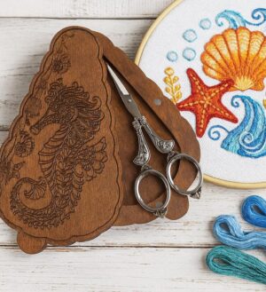 Magnetic Wooden Scissors Case with Seahorse Design
