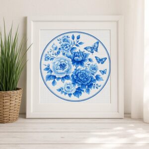 Blue Peony & Butterfly Cross Stitch Kit