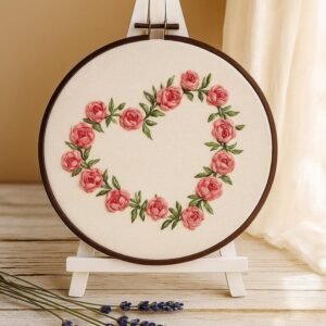 Pink Rose Heart Wreath Embroidery Kit
