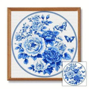 Blue Peony & Butterfly Cross Stitch Kit