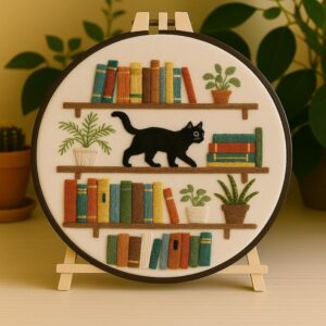 Black Cat and Bookshelf Embroidery Kit